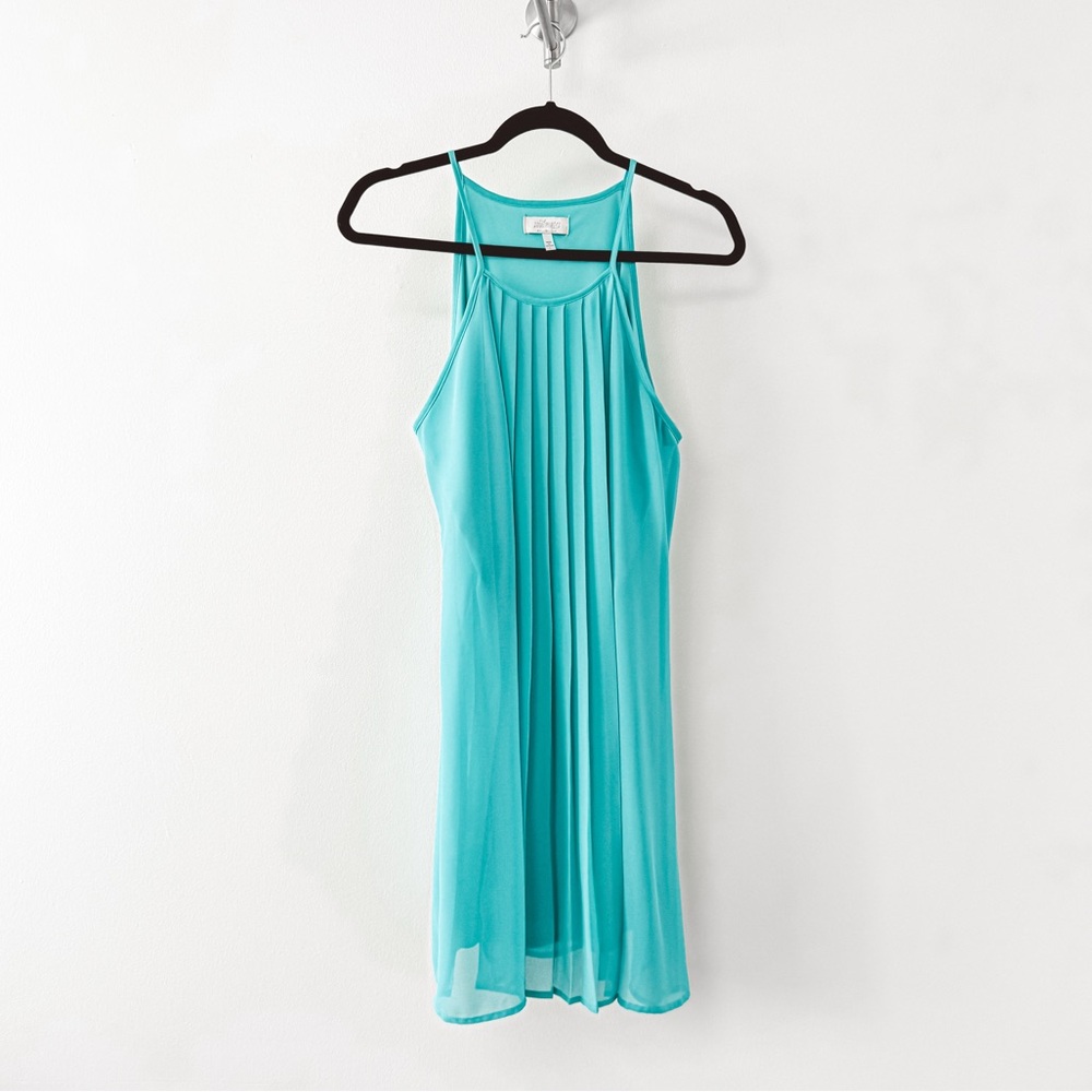 Dillards Soulmates Pleated Front Holiday Sleeveless Chiffon Dress Aqua Large